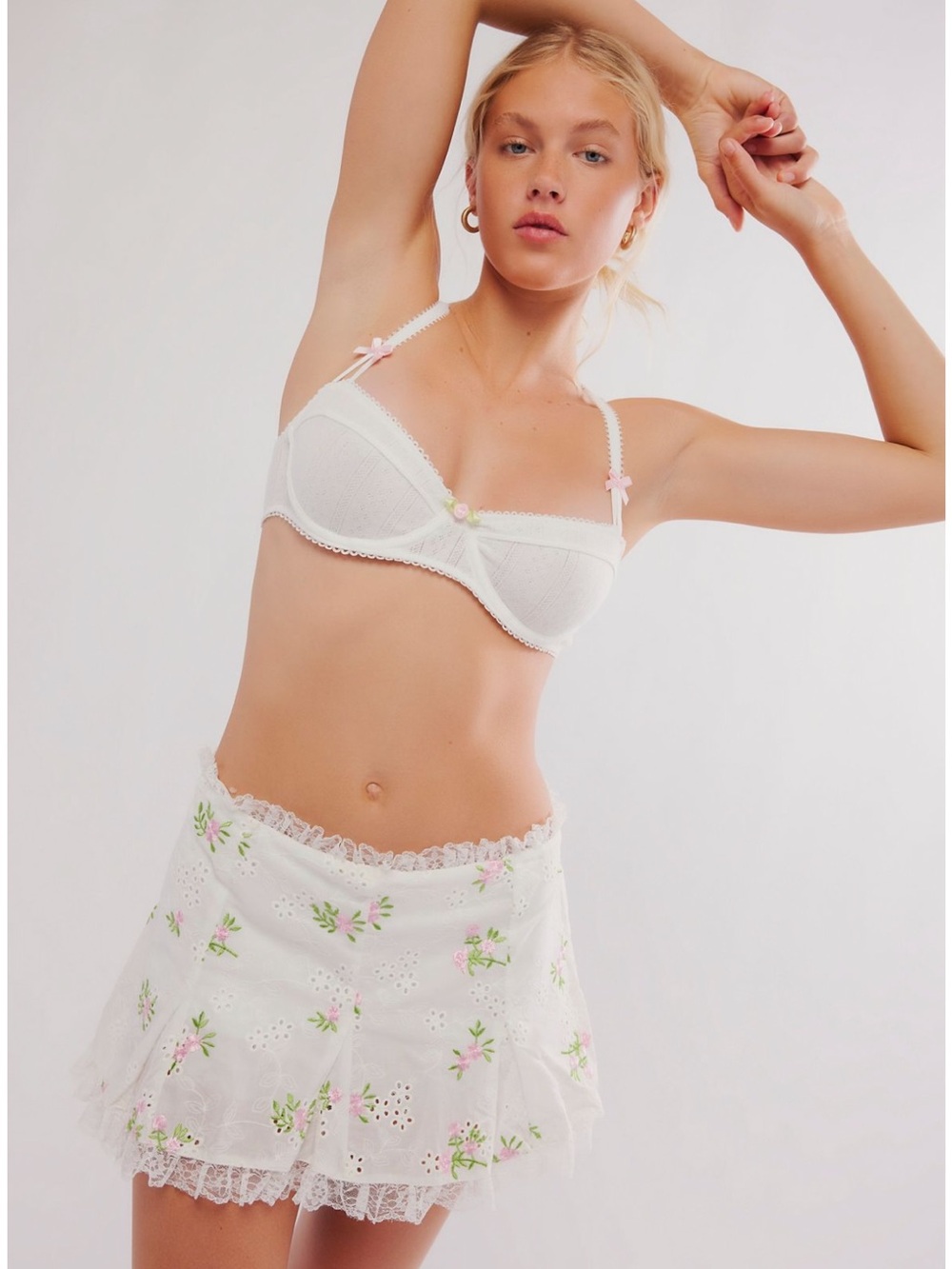 For Love And Lemons White Mini Skirt with Pink & Green Floral Embroidery